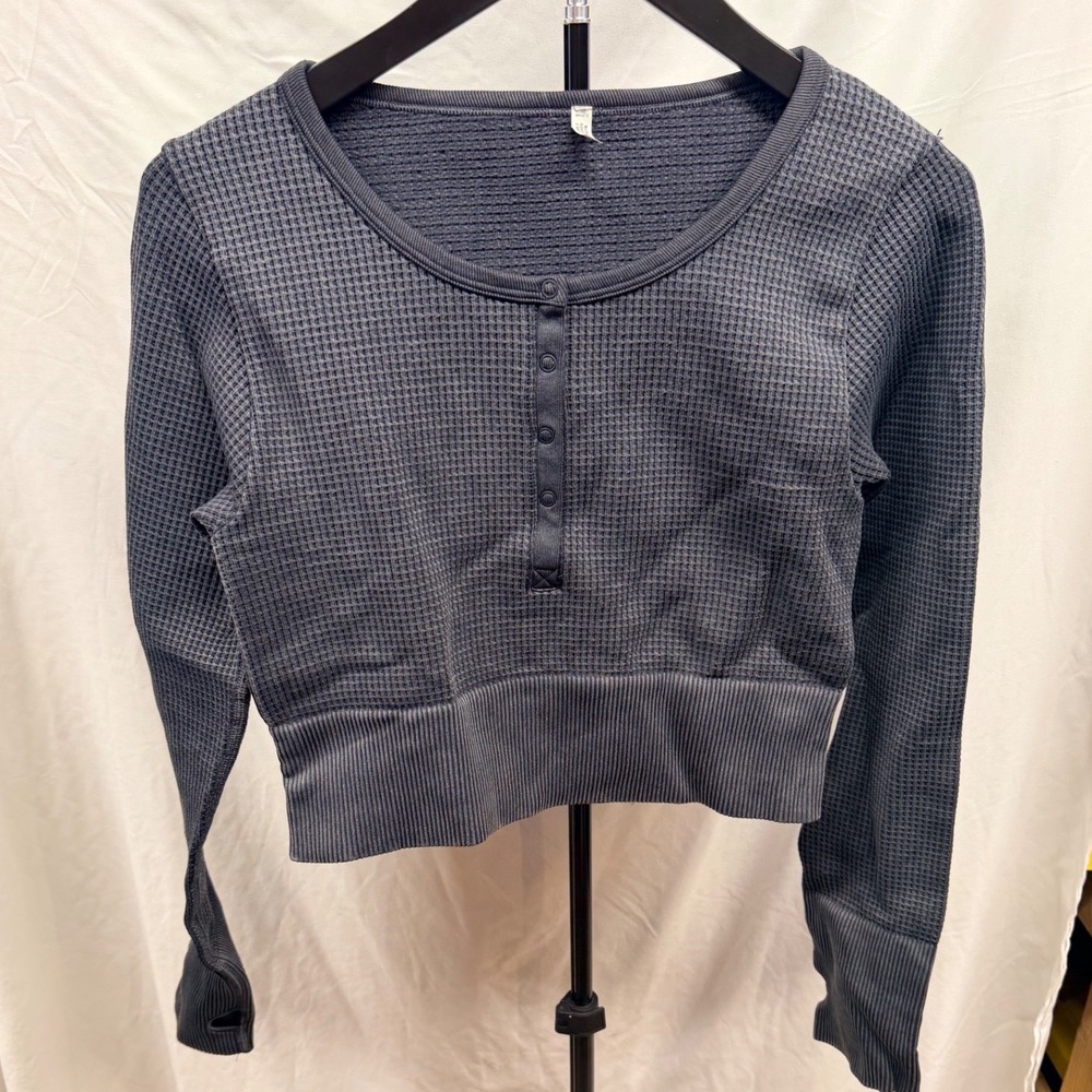 Aerie Offline Main Squeeze Waffle Knit Seamless Crop Henley Long Sleeve Top Sz L